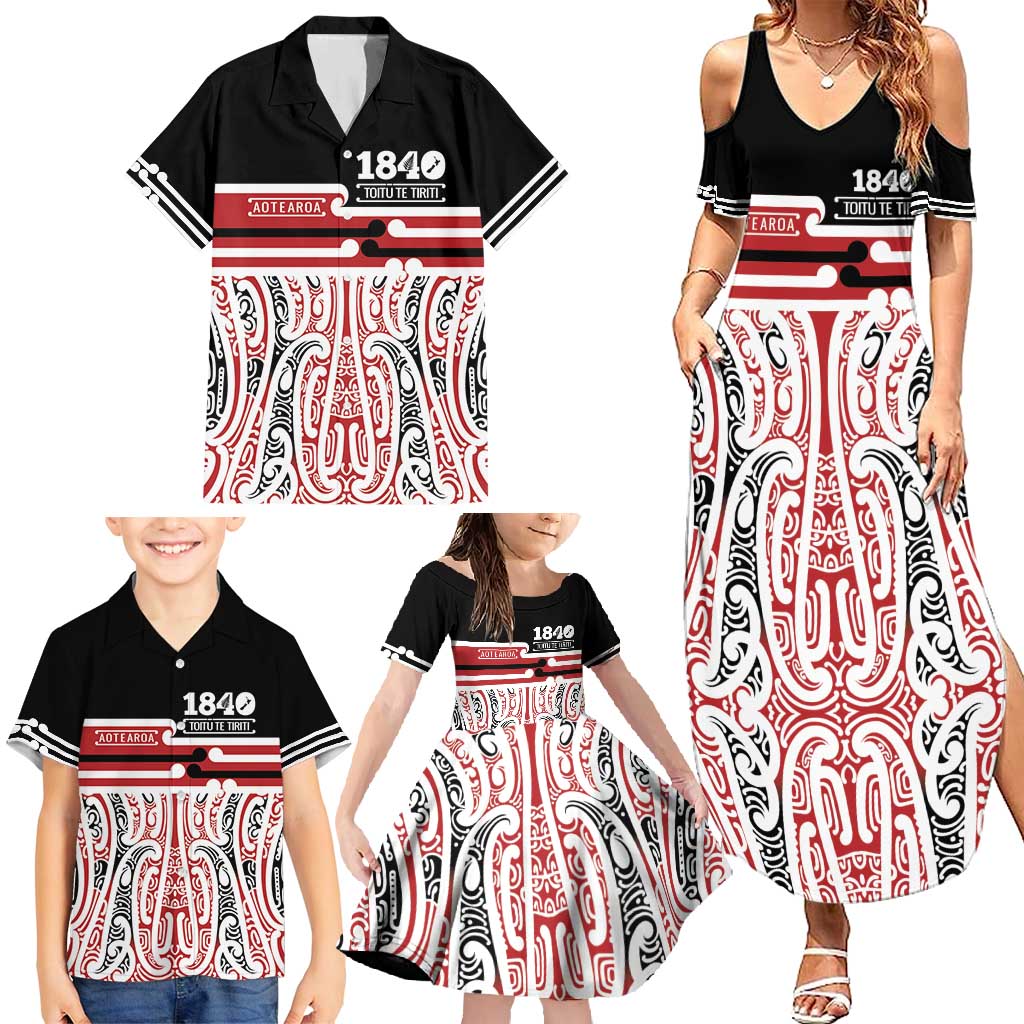 Personalised Toitu Te Tiriti Aotearoa 1840 Family Matching Summer Maxi Dress and Hawaiian Shirt Red Kowhaiwhai Puhoro - Polynesian Pride