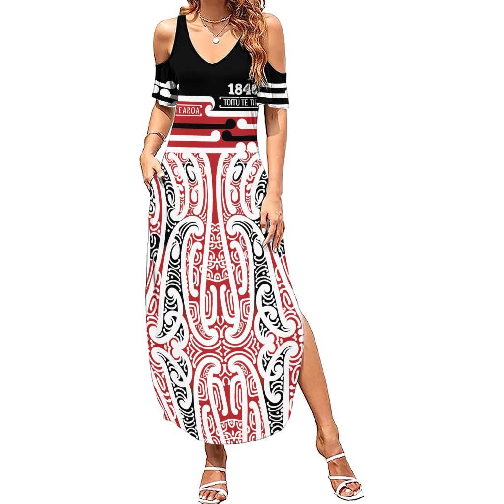 Personalised Toitu Te Tiriti Aotearoa 1840 Family Matching Summer Maxi Dress and Hawaiian Shirt Red Kowhaiwhai Puhoro - Polynesian Pride