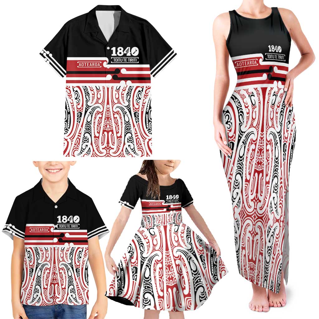 Personalised Toitu Te Tiriti Aotearoa 1840 Family Matching Tank Maxi Dress and Hawaiian Shirt Red Kowhaiwhai Puhoro - Polynesian Pride