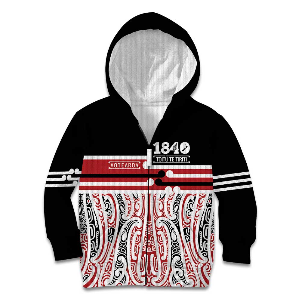 Personalised Toitu Te Tiriti Aotearoa 1840 Kid Hoodie Red Kowhaiwhai Puhoro LT9 Zip Hoodie Black - Polynesian Pride