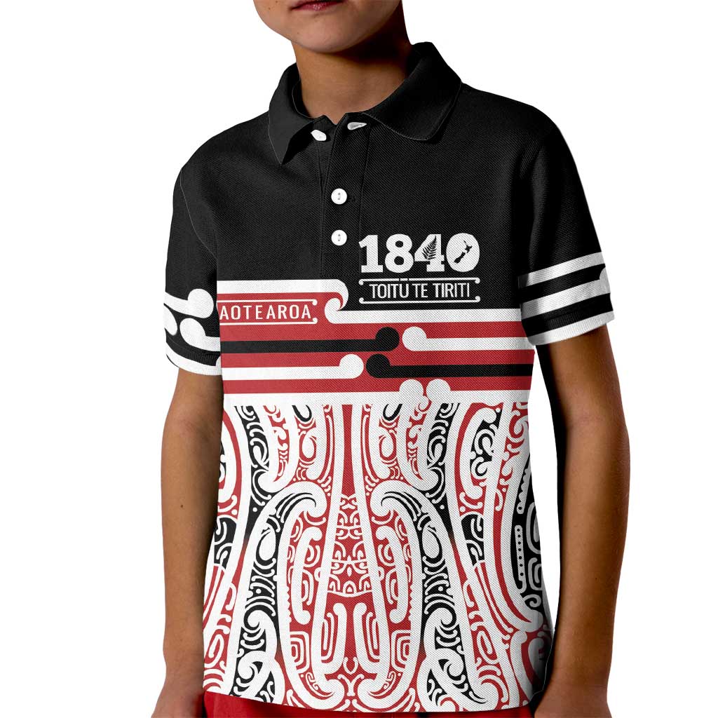 Personalised Toitu Te Tiriti Aotearoa 1840 Kid Polo Shirt Red Kowhaiwhai Puhoro LT9 Kid Black - Polynesian Pride