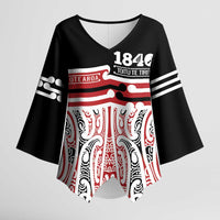 Personalised Toitu Te Tiriti Aotearoa 1840 Kimono Sleeve Blouse Red Kowhaiwhai Puhoro LT9 Female Black - Polynesian Pride