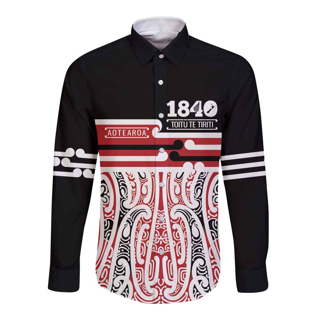 Personalised Toitu Te Tiriti Aotearoa 1840 Long Sleeve Button Shirt Red Kowhaiwhai Puhoro LT9 Unisex Black - Polynesian Pride
