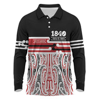 Personalised Toitu Te Tiriti Aotearoa 1840 Long Sleeve Polo Shirt Red Kowhaiwhai Puhoro LT9 Black - Polynesian Pride