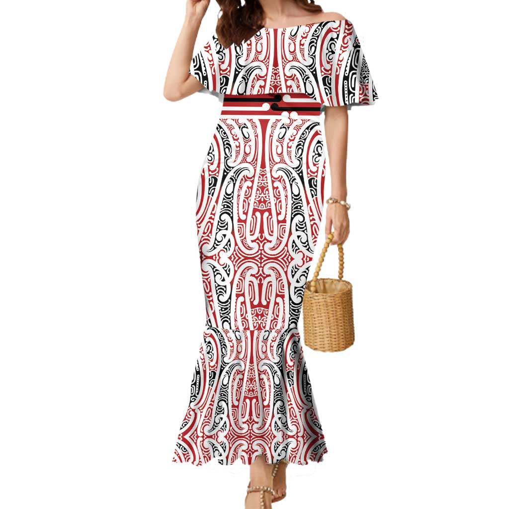 Personalised Toitu Te Tiriti Aotearoa 1840 Mermaid Dress Red Kowhaiwhai Puhoro LT9 Women Black - Polynesian Pride