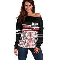 Personalised Toitu Te Tiriti Aotearoa 1840 Off Shoulder Sweater Red Kowhaiwhai Puhoro LT9 Women Black - Polynesian Pride