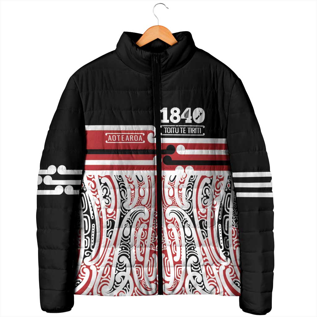 Personalised Toitu Te Tiriti Aotearoa 1840 Padded Jacket Red Kowhaiwhai Puhoro LT9 - Polynesian Pride