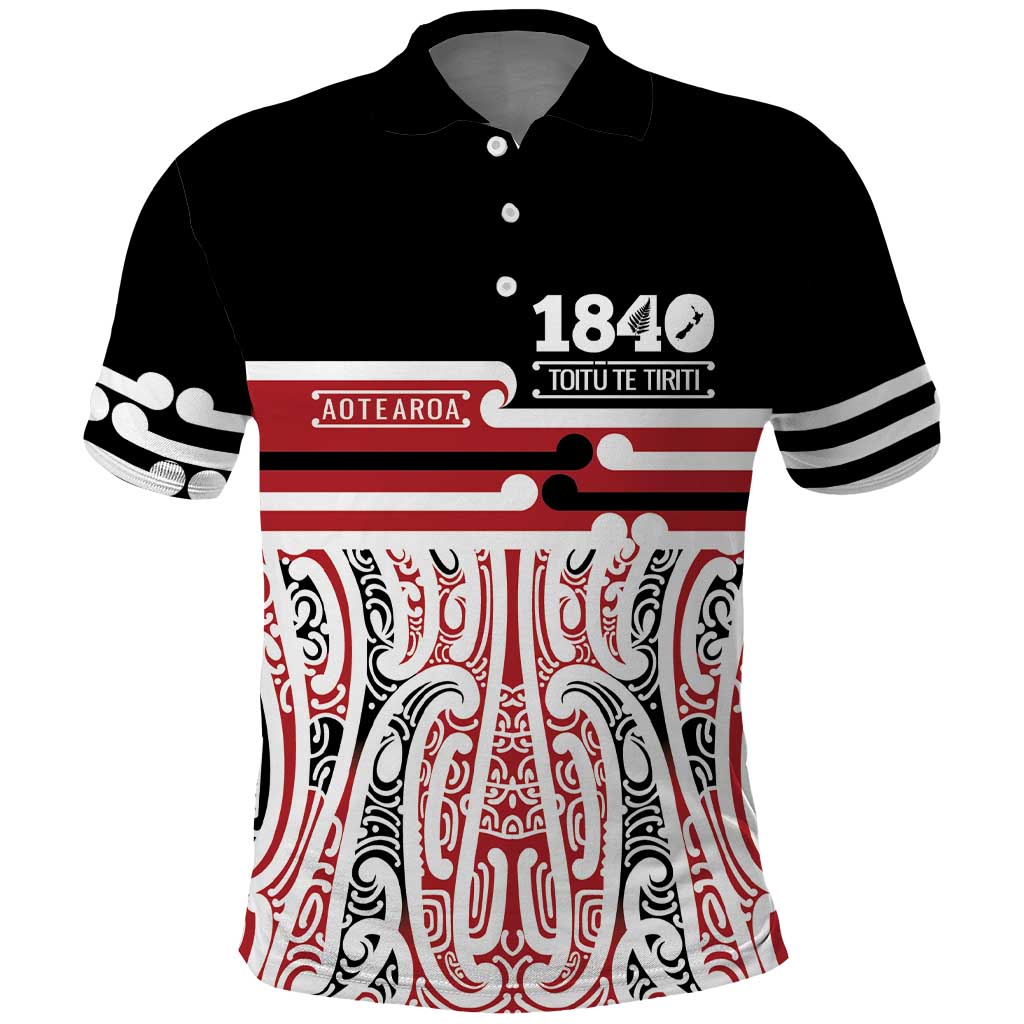 Personalised Toitu Te Tiriti Aotearoa 1840 Polo Shirt Red Kowhaiwhai Puhoro LT9 Black - Polynesian Pride