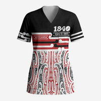Personalised Toitu Te Tiriti Aotearoa 1840 Scrub Top Red Kowhaiwhai Puhoro LT9 Adult Black - Polynesian Pride
