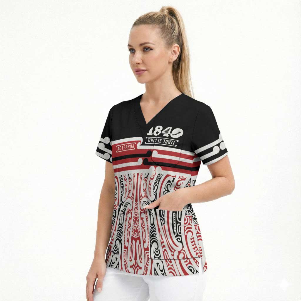 Personalised Toitu Te Tiriti Aotearoa 1840 Scrub Top Red Kowhaiwhai Puhoro LT9 - Polynesian Pride