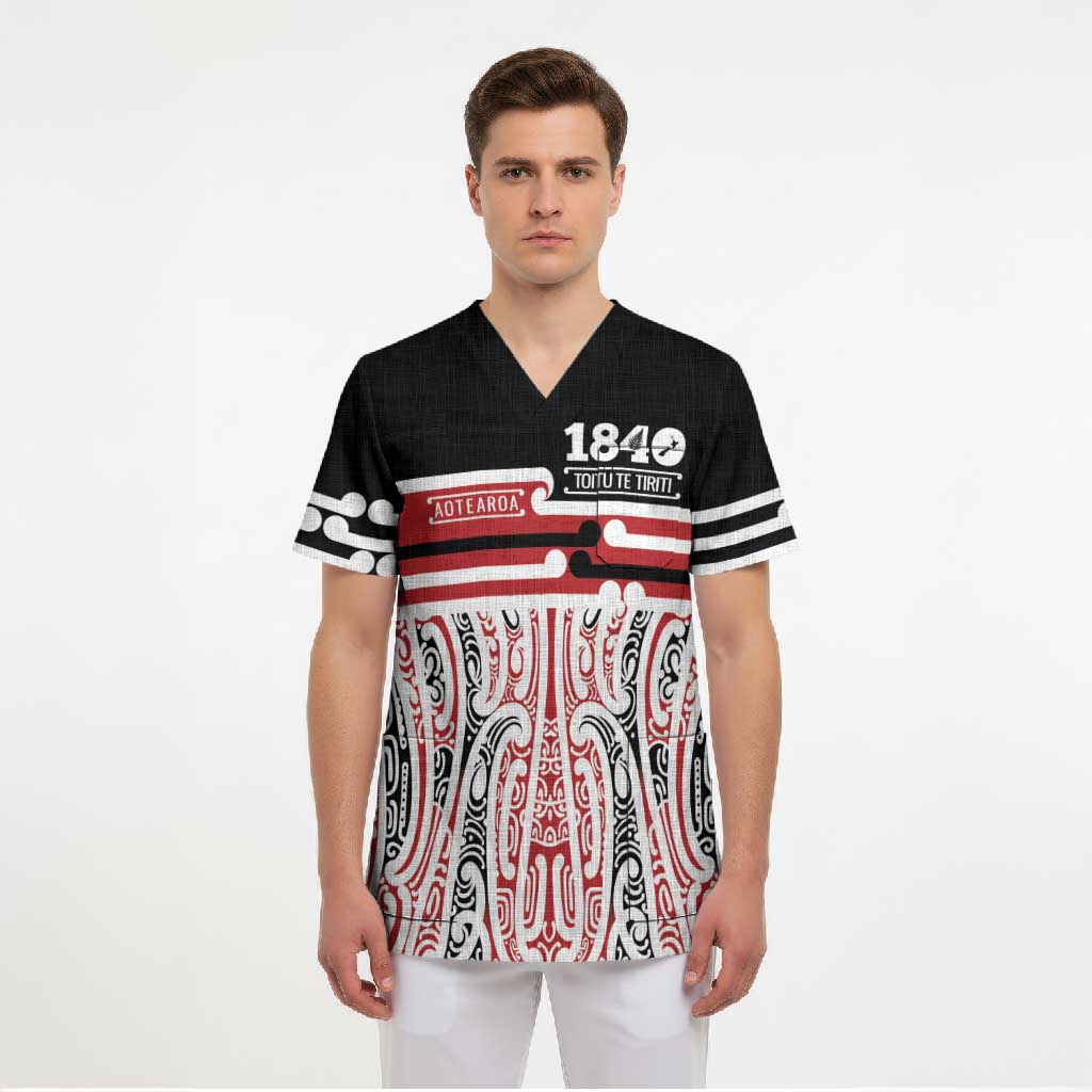 Personalised Toitu Te Tiriti Aotearoa 1840 Scrub Top Red Kowhaiwhai Puhoro LT9 - Polynesian Pride