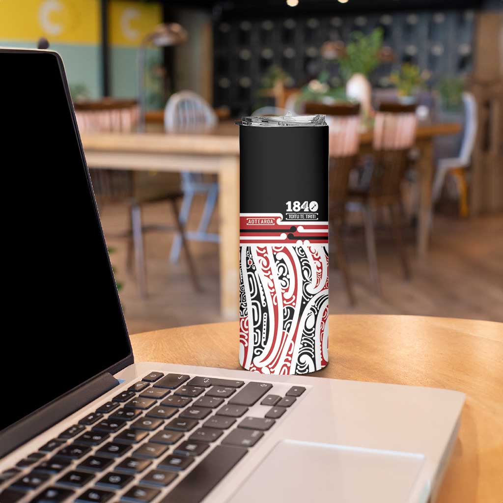 Personalised Toitu Te Tiriti Aotearoa 1840 Skinny Tumbler Red Kowhaiwhai Puhoro - Polynesian Pride