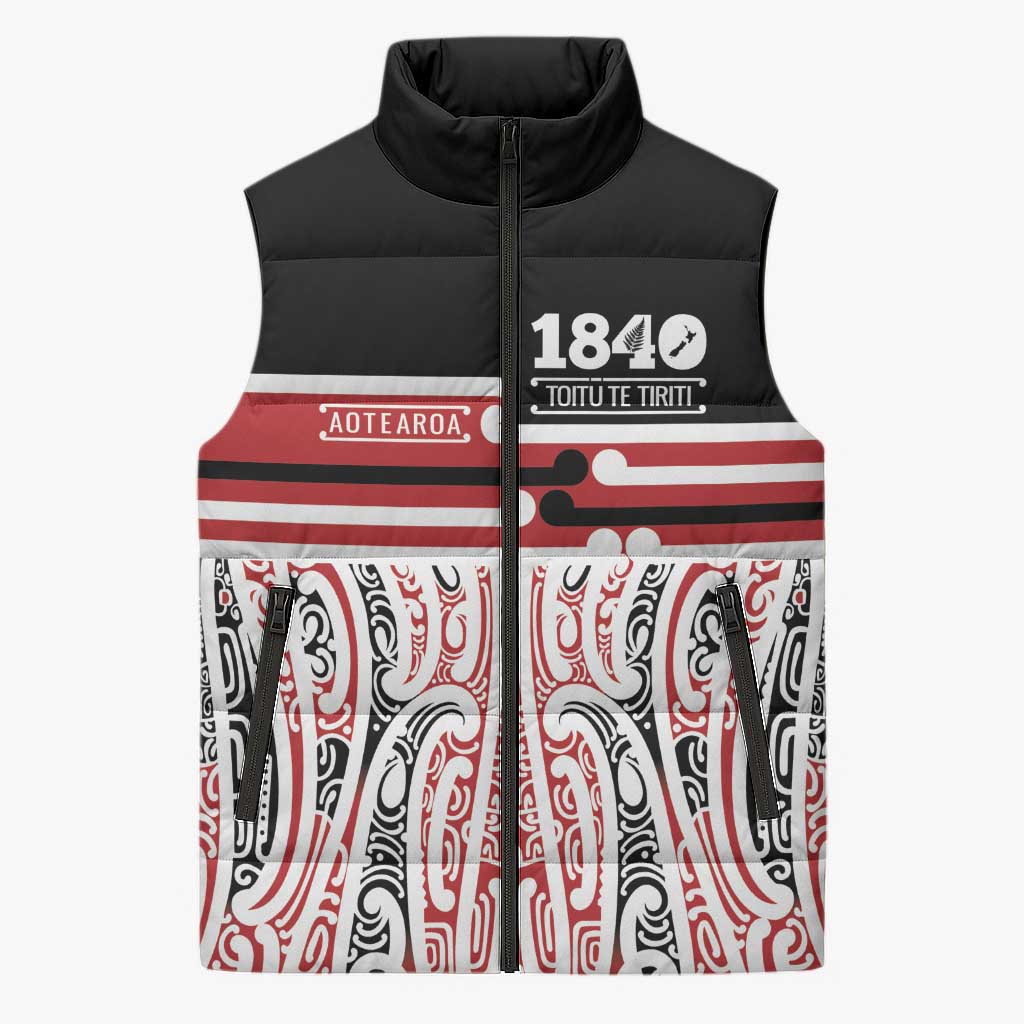 Personalised Toitu Te Tiriti Aotearoa 1840 Sleeveless Puffer Jacket Red Kowhaiwhai Puhoro LT9 Unisex Black - Polynesian Pride