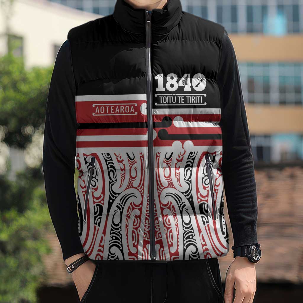 Personalised Toitu Te Tiriti Aotearoa 1840 Sleeveless Puffer Jacket Red Kowhaiwhai Puhoro LT9 - Polynesian Pride
