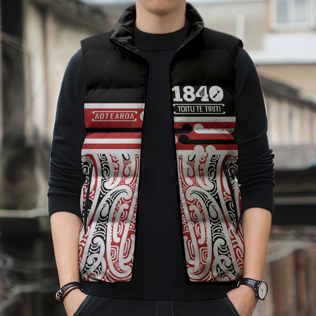 Personalised Toitu Te Tiriti Aotearoa 1840 Sleeveless Puffer Jacket Red Kowhaiwhai Puhoro LT9 - Polynesian Pride