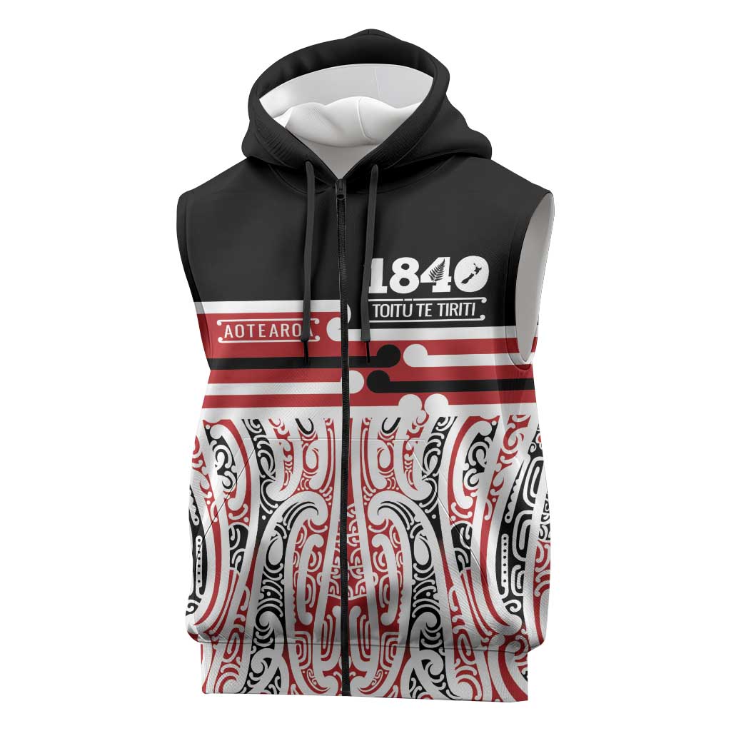 Personalised Toitu Te Tiriti Aotearoa 1840 Sleeveless Zip Hoodie Red Kowhaiwhai Puhoro LT9 Black - Polynesian Pride