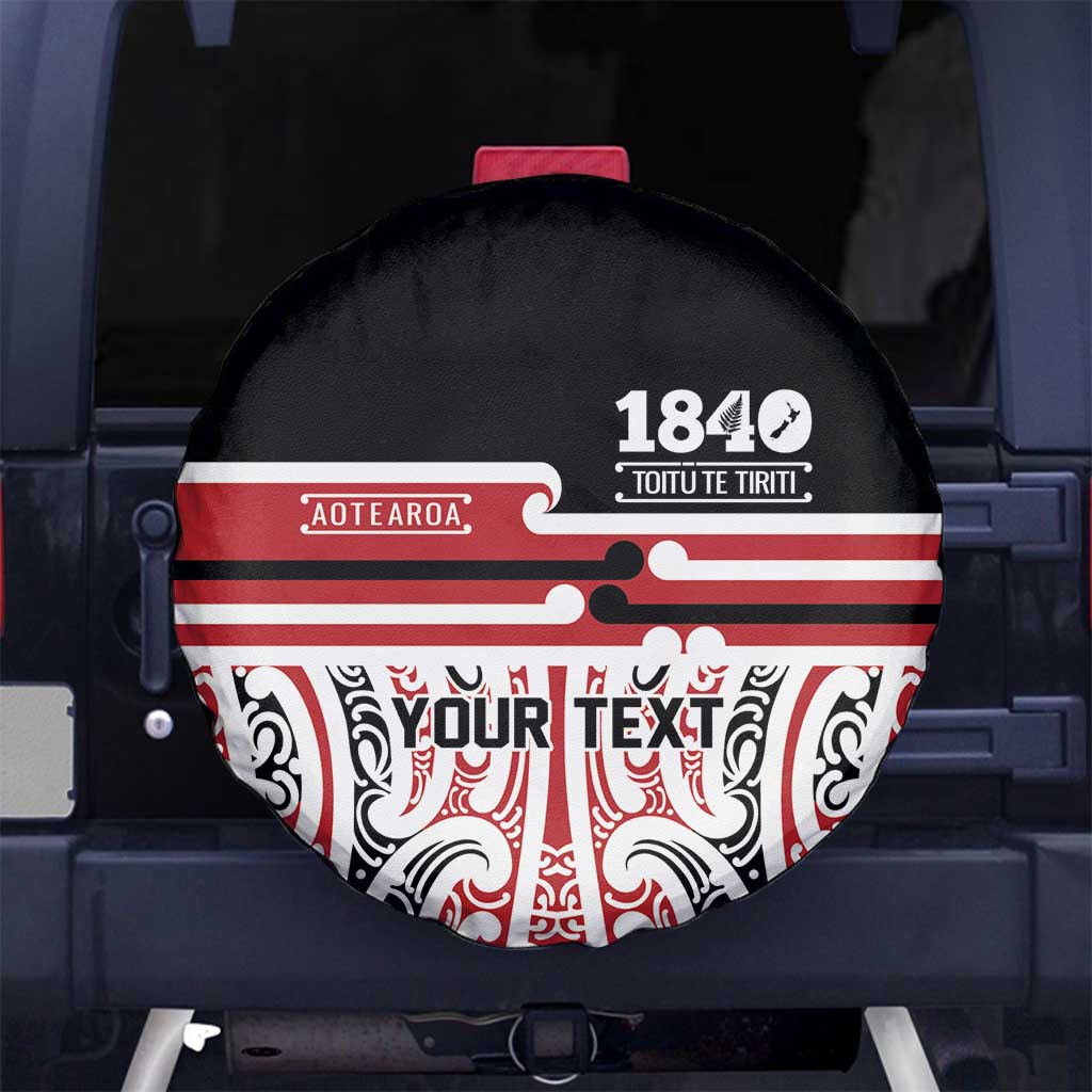 Personalised Toitu Te Tiriti Aotearoa 1840 Spare Tire Cover Red Kowhaiwhai Puhoro LT9 No hole Black - Polynesian Pride