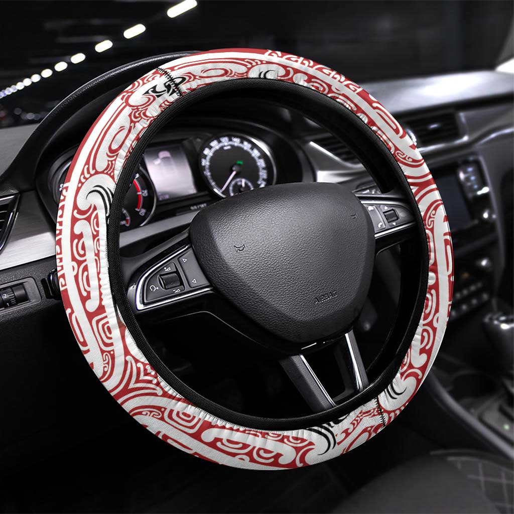 Toitu Te Tiriti Aotearoa 1840 Steering Wheel Cover Red Kowhaiwhai Puhoro LT9 Universal Fit Black - Polynesian Pride