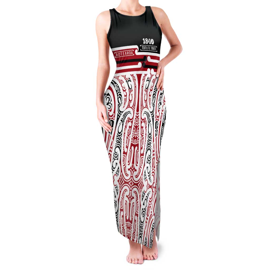 Personalised Toitu Te Tiriti Aotearoa 1840 Tank Maxi Dress Red Kowhaiwhai Puhoro LT9 Women Black - Polynesian Pride