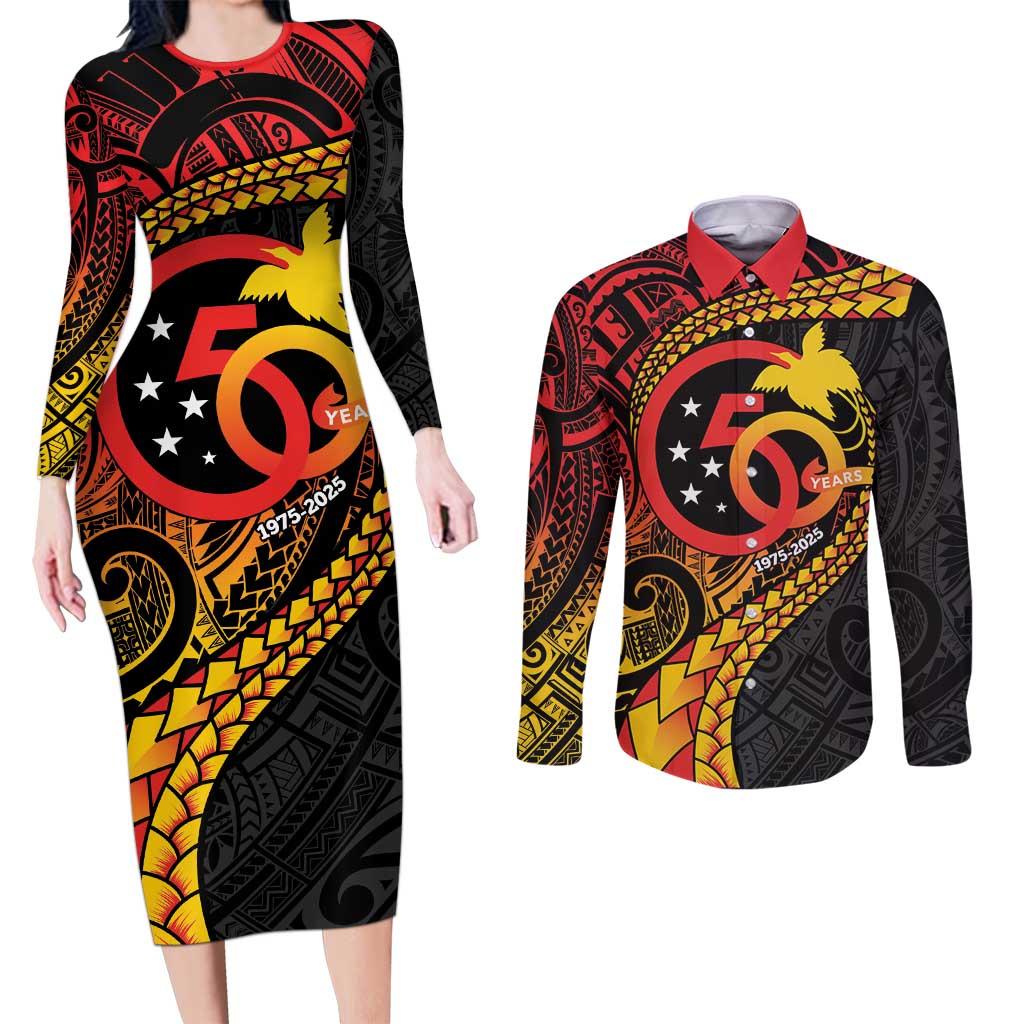 Papua New Guinea Tribal Tattoo Couples Matching Long Sleeve Bodycon Dress and Long Sleeve Button Shirt 50th Independence Anniversary LT9 Black - Polynesian Pride