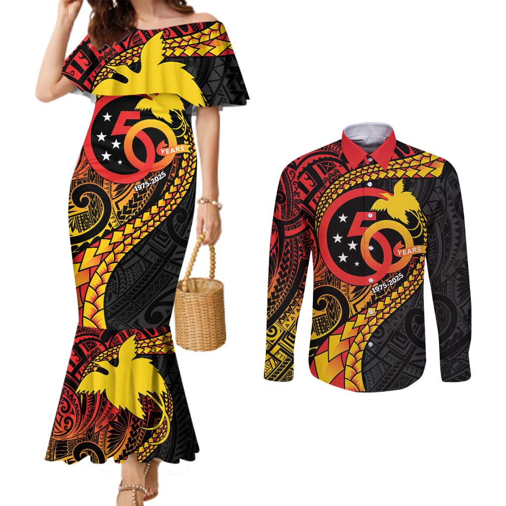 Papua New Guinea Tribal Tattoo Couples Matching Mermaid Dress and Long Sleeve Button Shirt 50th Independence Anniversary LT9 Black - Polynesian Pride
