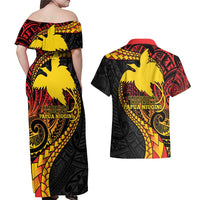 Papua New Guinea Tribal Tattoo Couples Matching Off Shoulder Maxi Dress and Hawaiian Shirt 50th Independence Anniversary