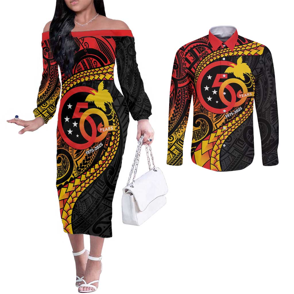 Papua New Guinea Tribal Tattoo Couples Matching Off The Shoulder Long Sleeve Dress and Long Sleeve Button Shirt 50th Independence Anniversary LT9 Black - Polynesian Pride