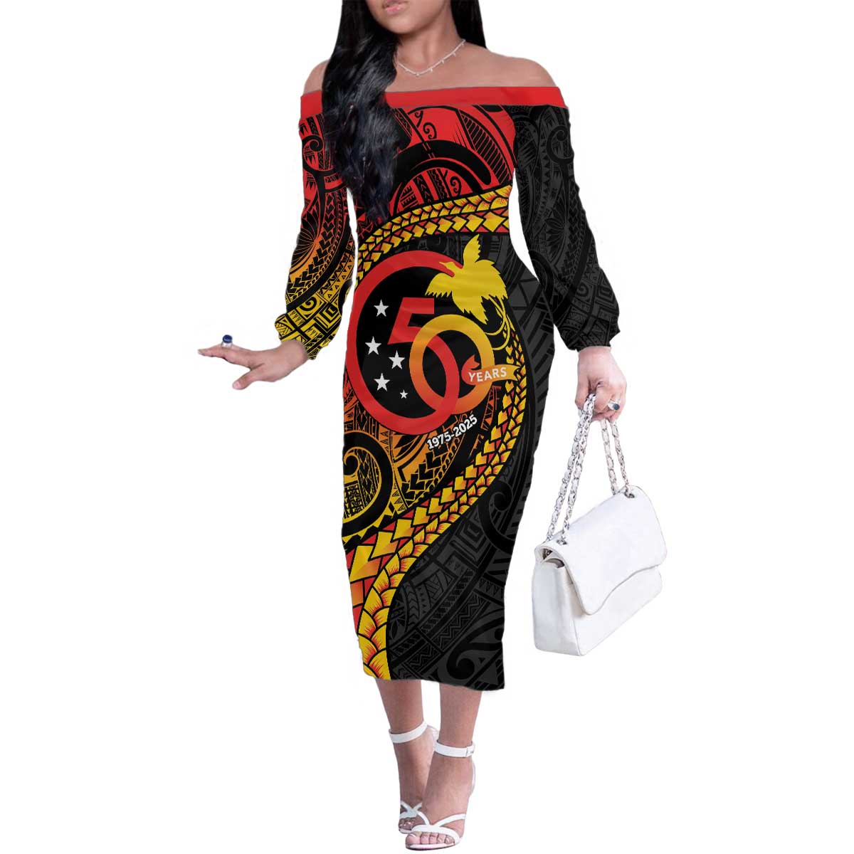Papua New Guinea Tribal Tattoo Family Matching Off The Shoulder Long Sleeve Dress and Hawaiian Shirt 50th Independence Anniversary