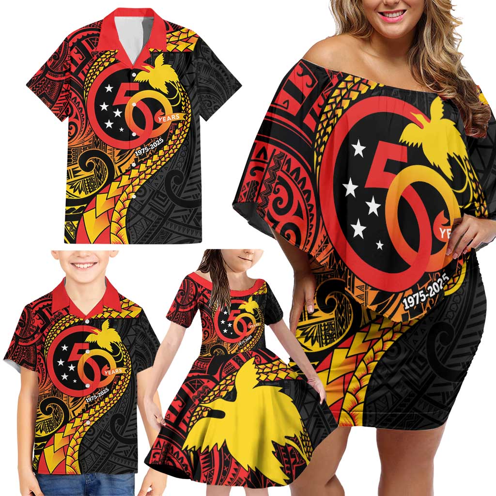 Papua New Guinea Tribal Tattoo Family Matching Off Shoulder Short Dress and Hawaiian Shirt 50th Independence Anniversary