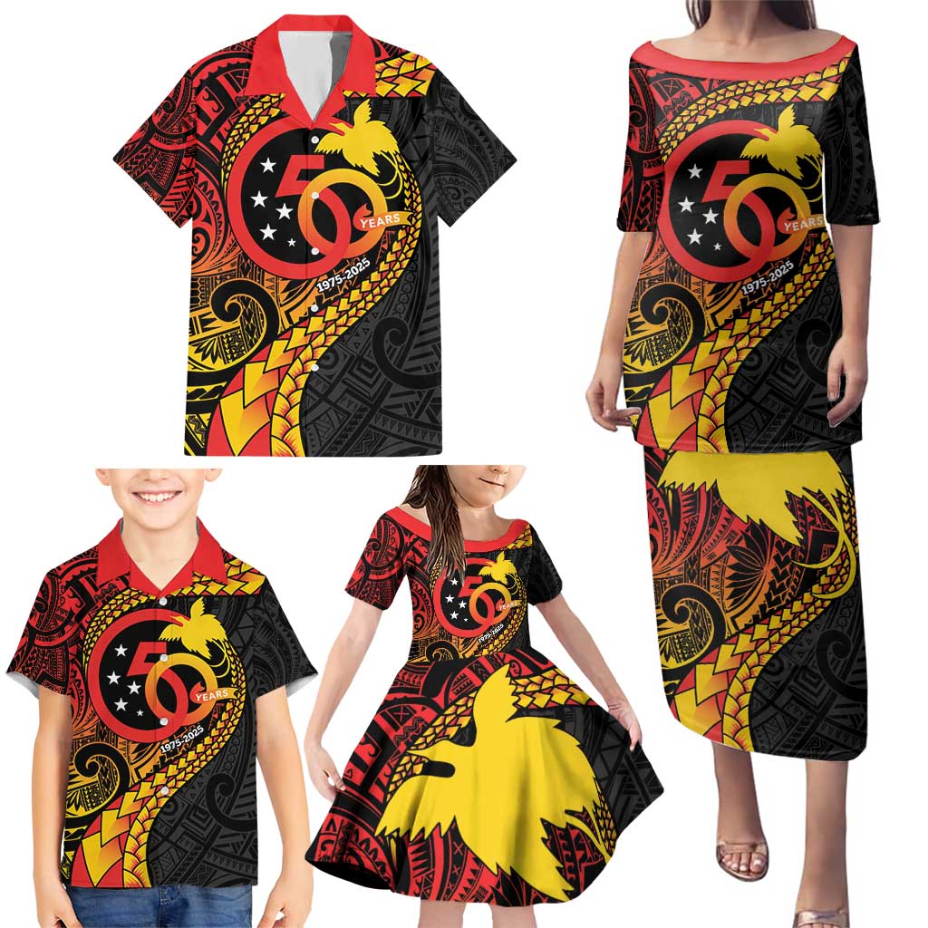 Papua New Guinea Tribal Tattoo Family Matching Puletasi and Hawaiian Shirt 50th Independence Anniversary