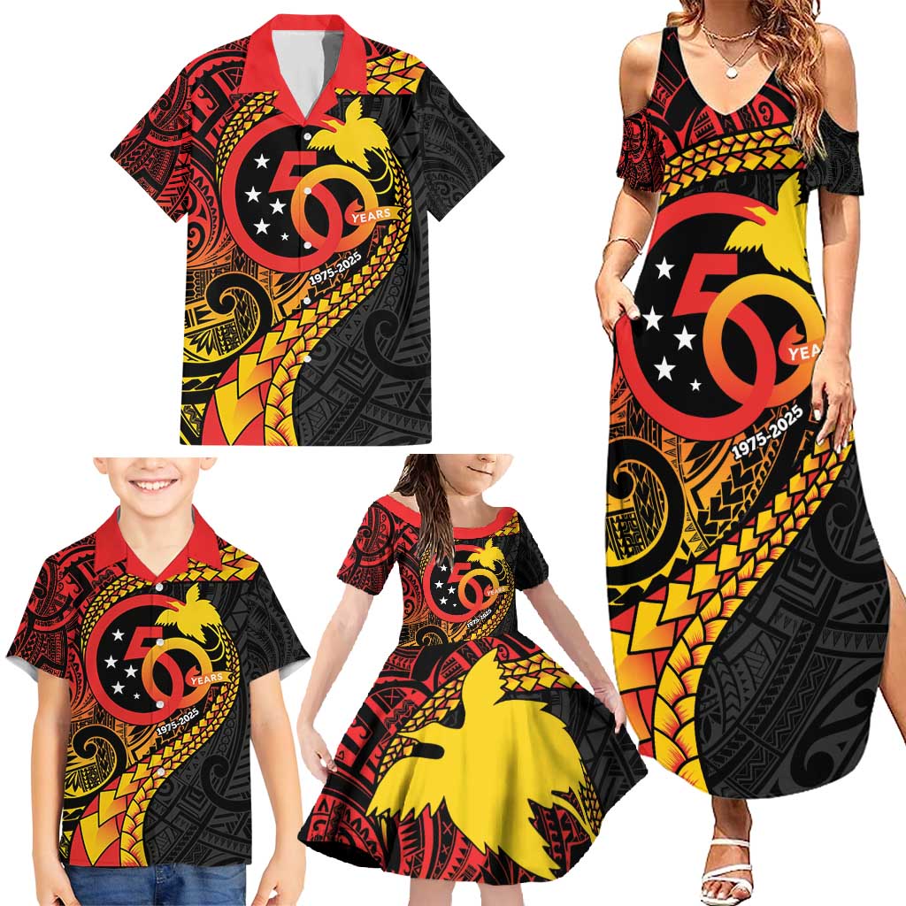 Papua New Guinea Tribal Tattoo Family Matching Summer Maxi Dress and Hawaiian Shirt 50th Independence Anniversary