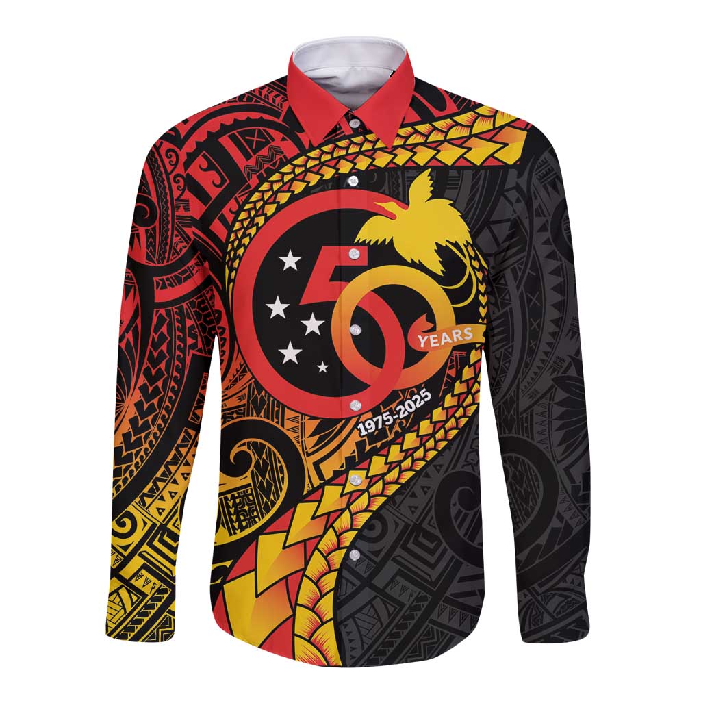 Papua New Guinea Tribal Tattoo Long Sleeve Button Shirt 50th Independence Anniversary LT9 Unisex Black - Polynesian Pride