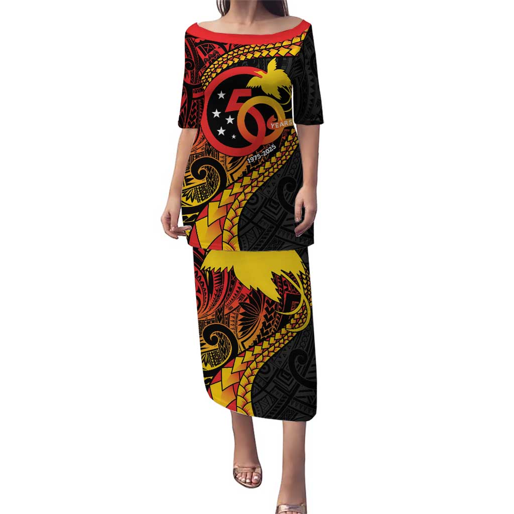 Papua New Guinea Tribal Tattoo Puletasi 50th Independence Anniversary LT9 Long Dress Black - Polynesian Pride