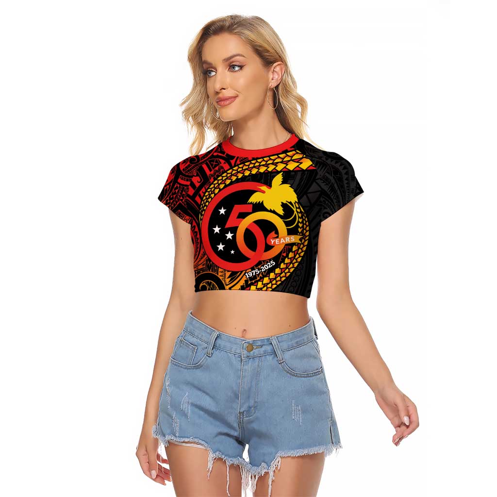 Papua New Guinea Tribal Tattoo Raglan Cropped T Shirt 50th Independence Anniversary LT9 Female Black - Polynesian Pride