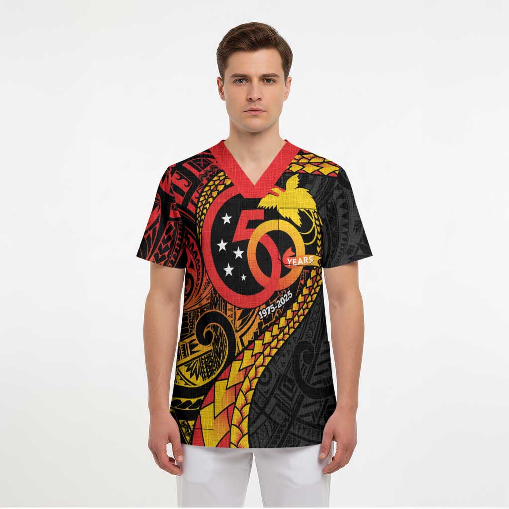 Papua New Guinea Tribal Tattoo Scrub Top 50th Independence Anniversary - Polynesian Pride
