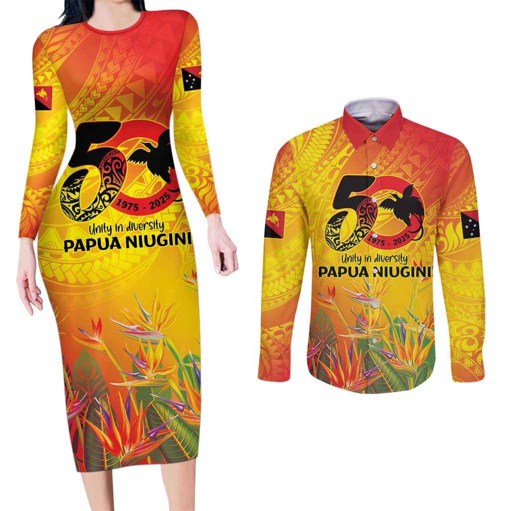Papua New Guinea Unity in Diversity Couples Matching Long Sleeve Bodycon Dress and Long Sleeve Button Shirt 50th Indipendens Papua Niugini LT9 Gold - Polynesian Pride