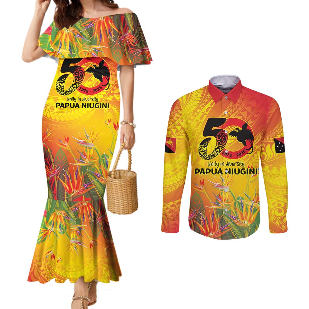 Papua New Guinea Unity in Diversity Couples Matching Mermaid Dress and Long Sleeve Button Shirt 50th Indipendens Papua Niugini LT9 Gold - Polynesian Pride