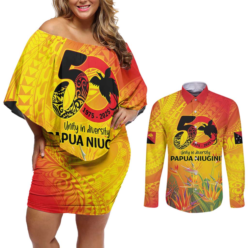 Papua New Guinea Unity in Diversity Couples Matching Off Shoulder Short Dress and Long Sleeve Button Shirt 50th Indipendens Papua Niugini LT9 Gold - Polynesian Pride