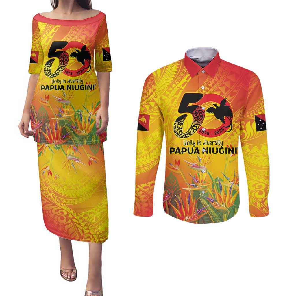 Papua New Guinea Unity in Diversity Couples Matching Puletasi and Long Sleeve Button Shirt 50th Indipendens Papua Niugini LT9 Gold - Polynesian Pride