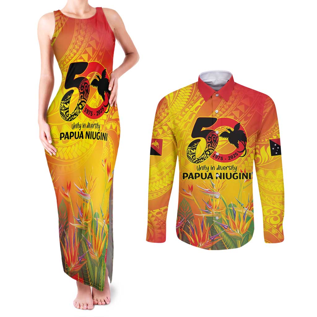 Papua New Guinea Unity in Diversity Couples Matching Tank Maxi Dress and Long Sleeve Button Shirt 50th Indipendens Papua Niugini LT9 Gold - Polynesian Pride