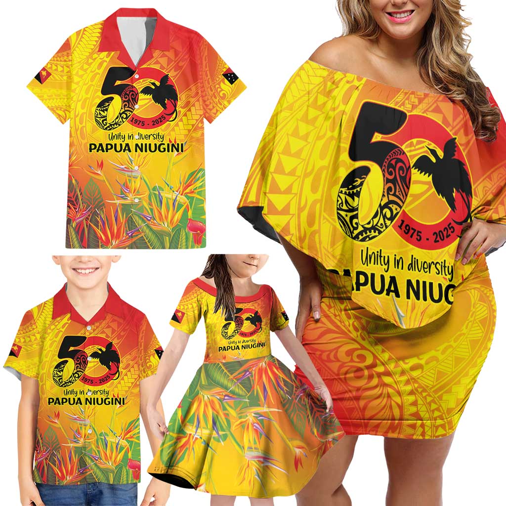 Papua New Guinea Unity in Diversity Family Matching Off Shoulder Short Dress and Hawaiian Shirt 50th Indipendens Papua Niugini