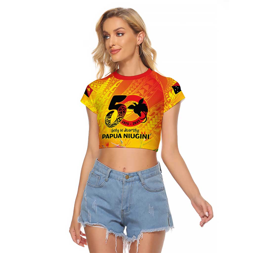 Papua New Guinea Unity in Diversity Raglan Cropped T Shirt 50th Indipendens Papua Niugini LT9 Female Gold - Polynesian Pride