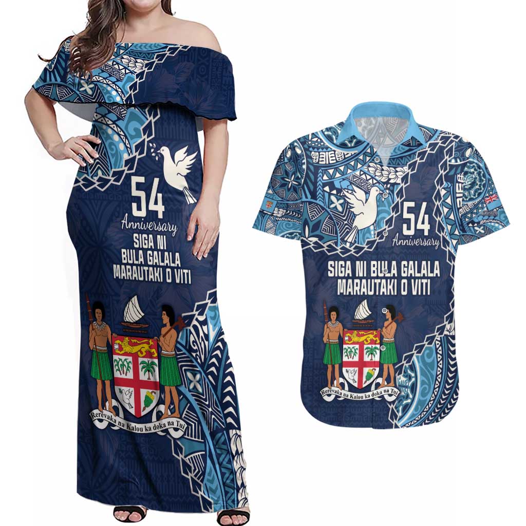 Personalised Fiji 54th Anniversary Couples Matching Off Shoulder Maxi Dress and Hawaiian Shirt Siga Ni Bula Galala Marautaki O Viti LT9