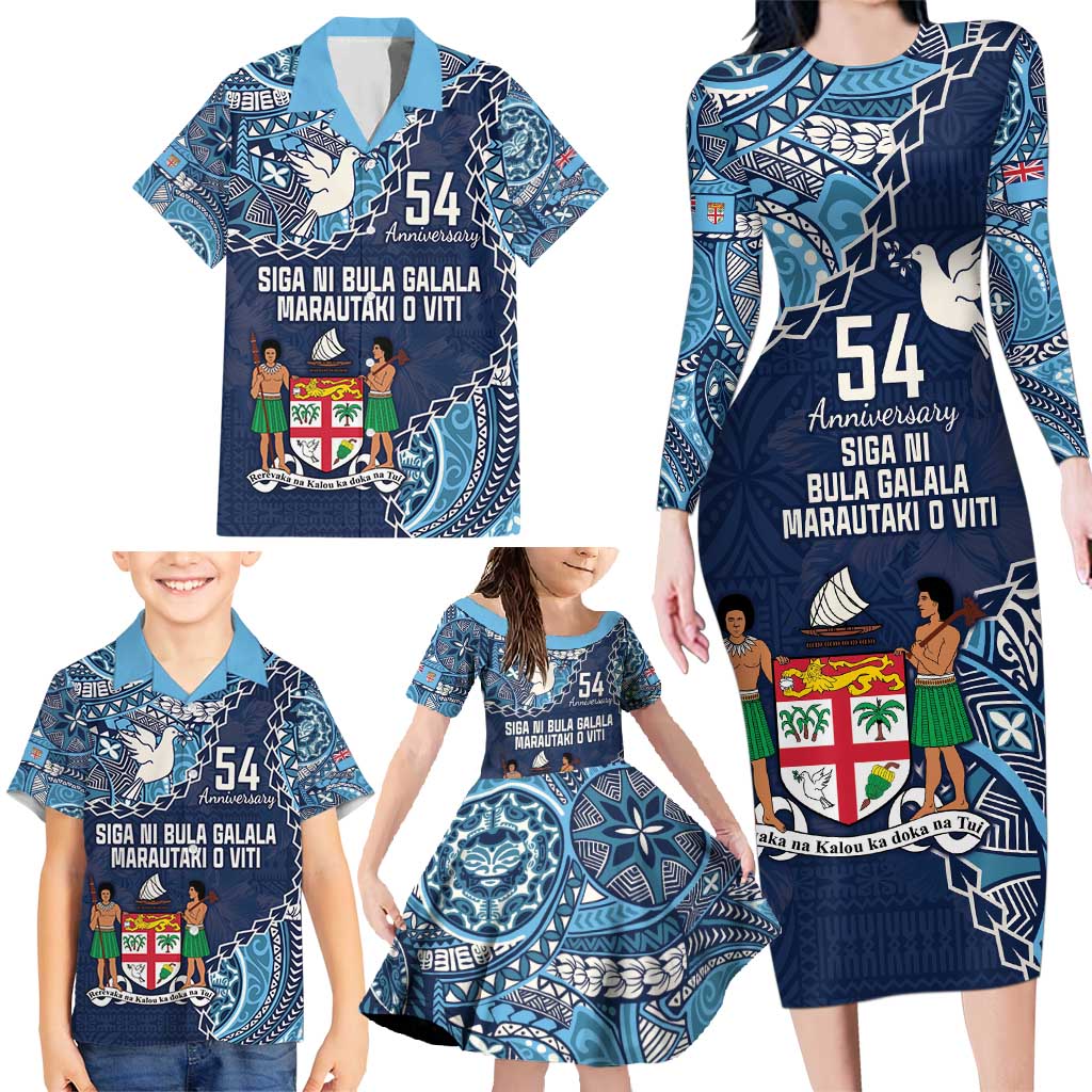 Personalised Fiji 54th Anniversary Family Matching Long Sleeve Bodycon Dress and Hawaiian Shirt Siga Ni Bula Galala Marautaki O Viti LT9