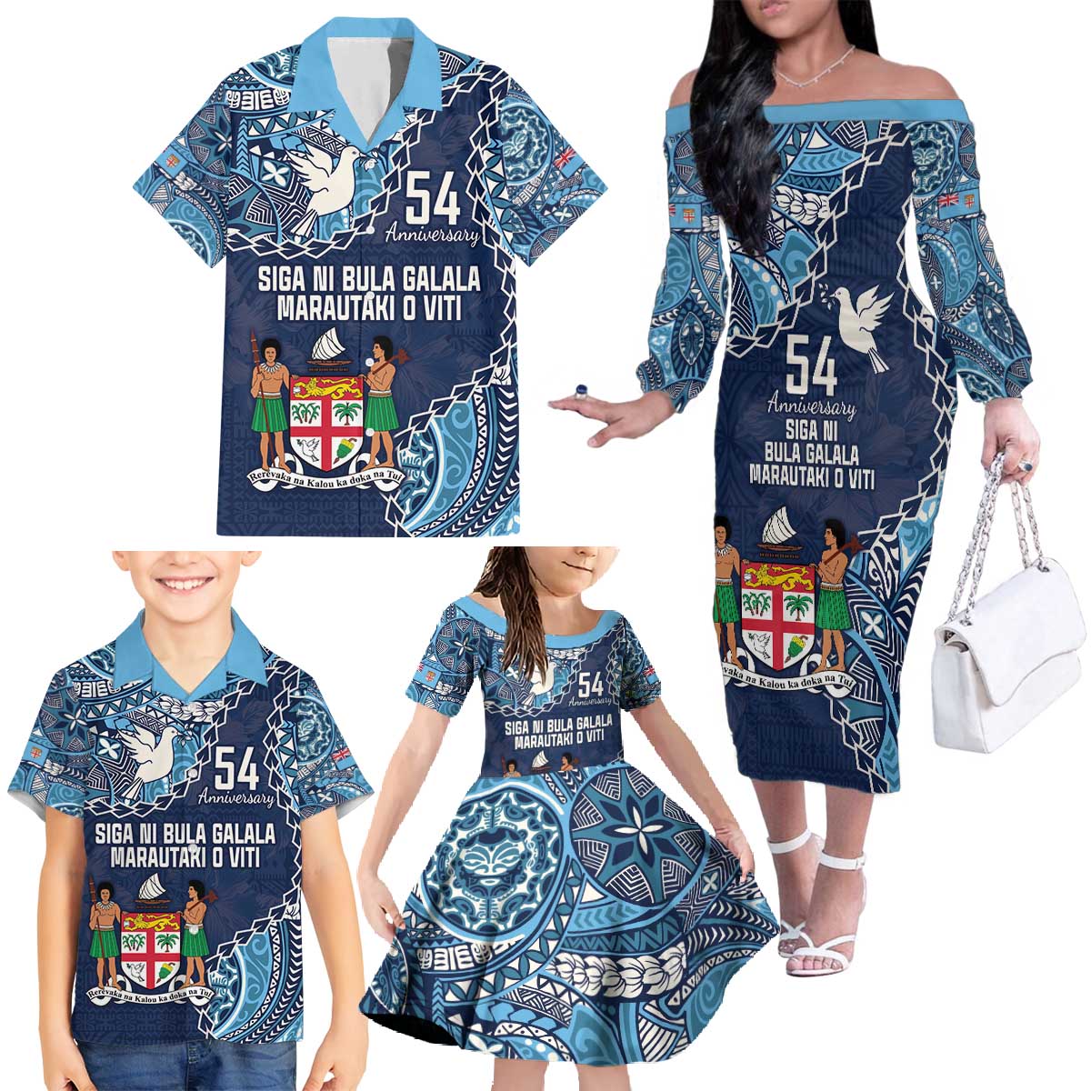 Personalised Fiji 54th Anniversary Family Matching Off The Shoulder Long Sleeve Dress and Hawaiian Shirt Siga Ni Bula Galala Marautaki O Viti LT9