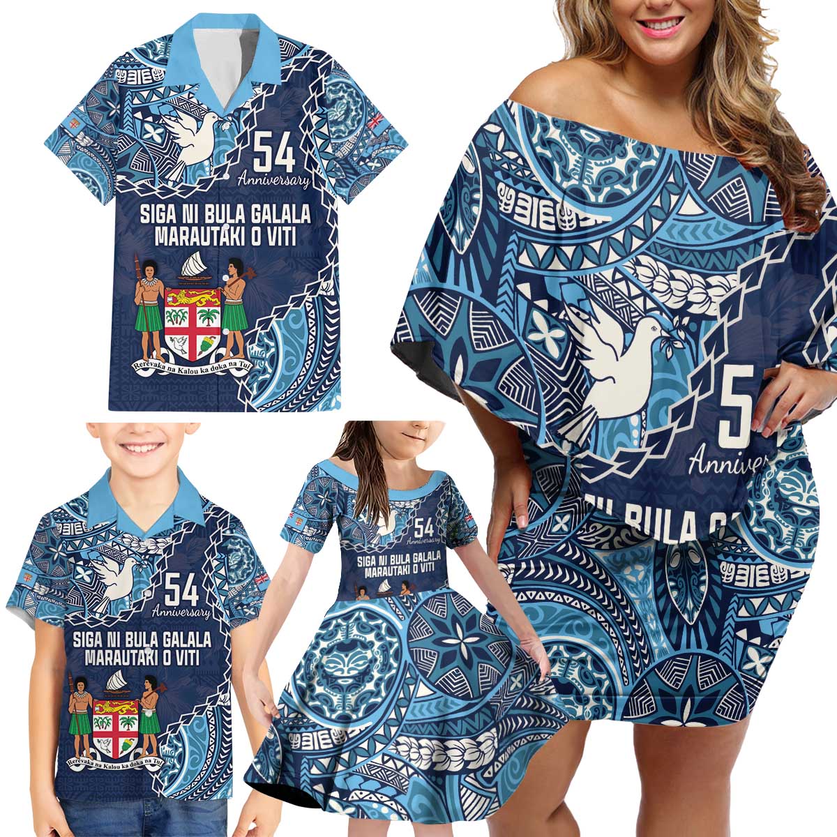 Personalised Fiji 54th Anniversary Family Matching Off Shoulder Short Dress and Hawaiian Shirt Siga Ni Bula Galala Marautaki O Viti LT9