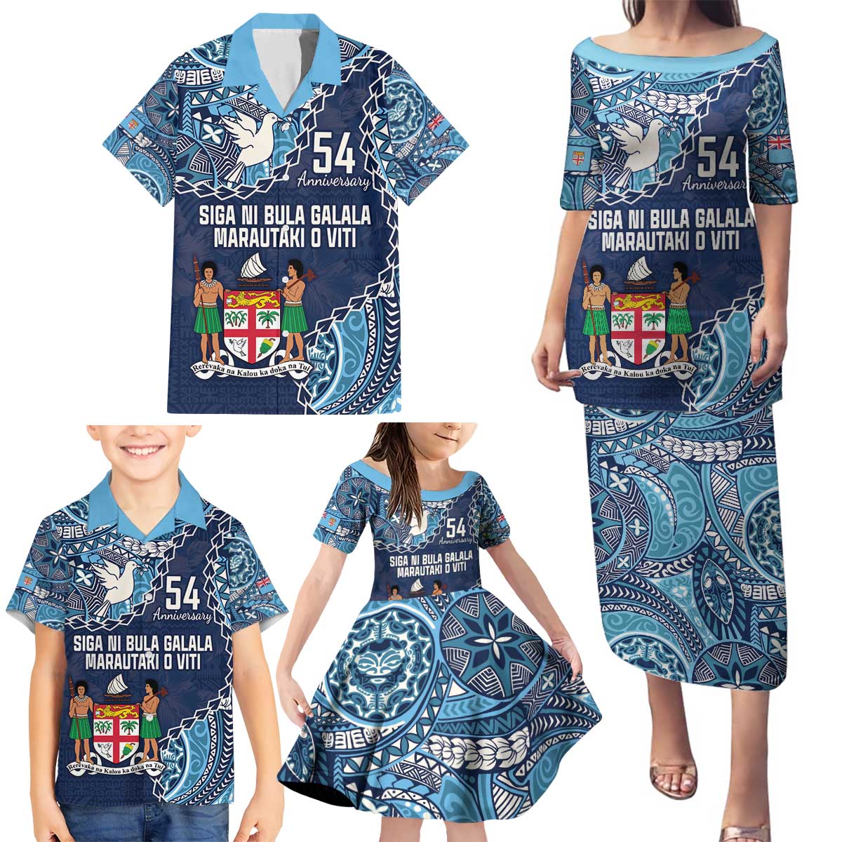 Personalised Fiji 54th Anniversary Family Matching Puletasi and Hawaiian Shirt Siga Ni Bula Galala Marautaki O Viti LT9