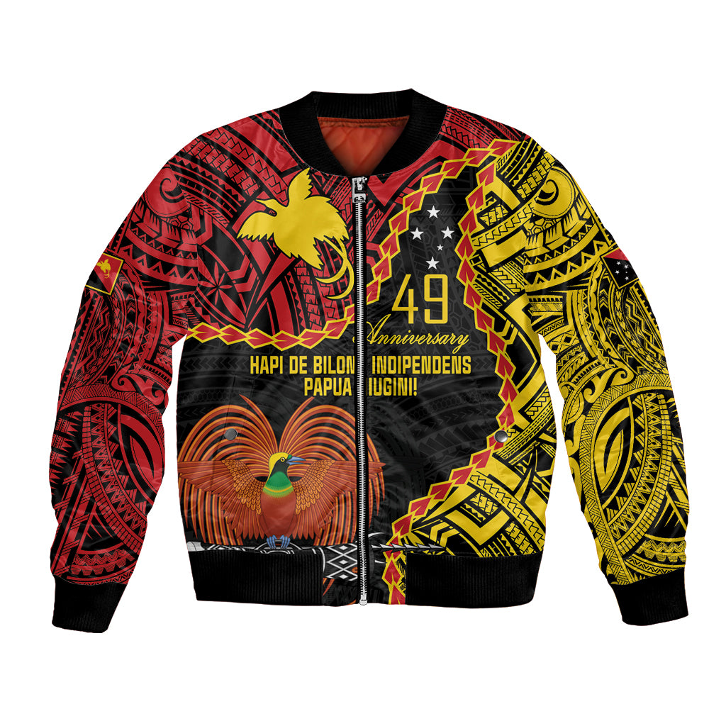 Personalised Papua New Guinea 49th Anniversary Bomber Jacket Hapi De bilong Indipendens Papua Niugini LT9 Unisex Black - Polynesian Pride