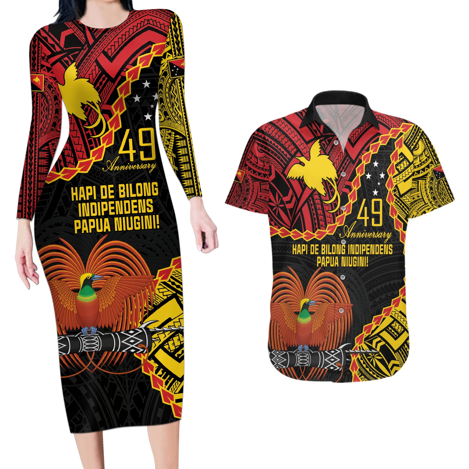 Personalised Papua New Guinea 49th Anniversary Couples Matching Long Sleeve Bodycon Dress and Hawaiian Shirt Hapi De bilong Indipendens Papua Niugini LT9 Black - Polynesian Pride