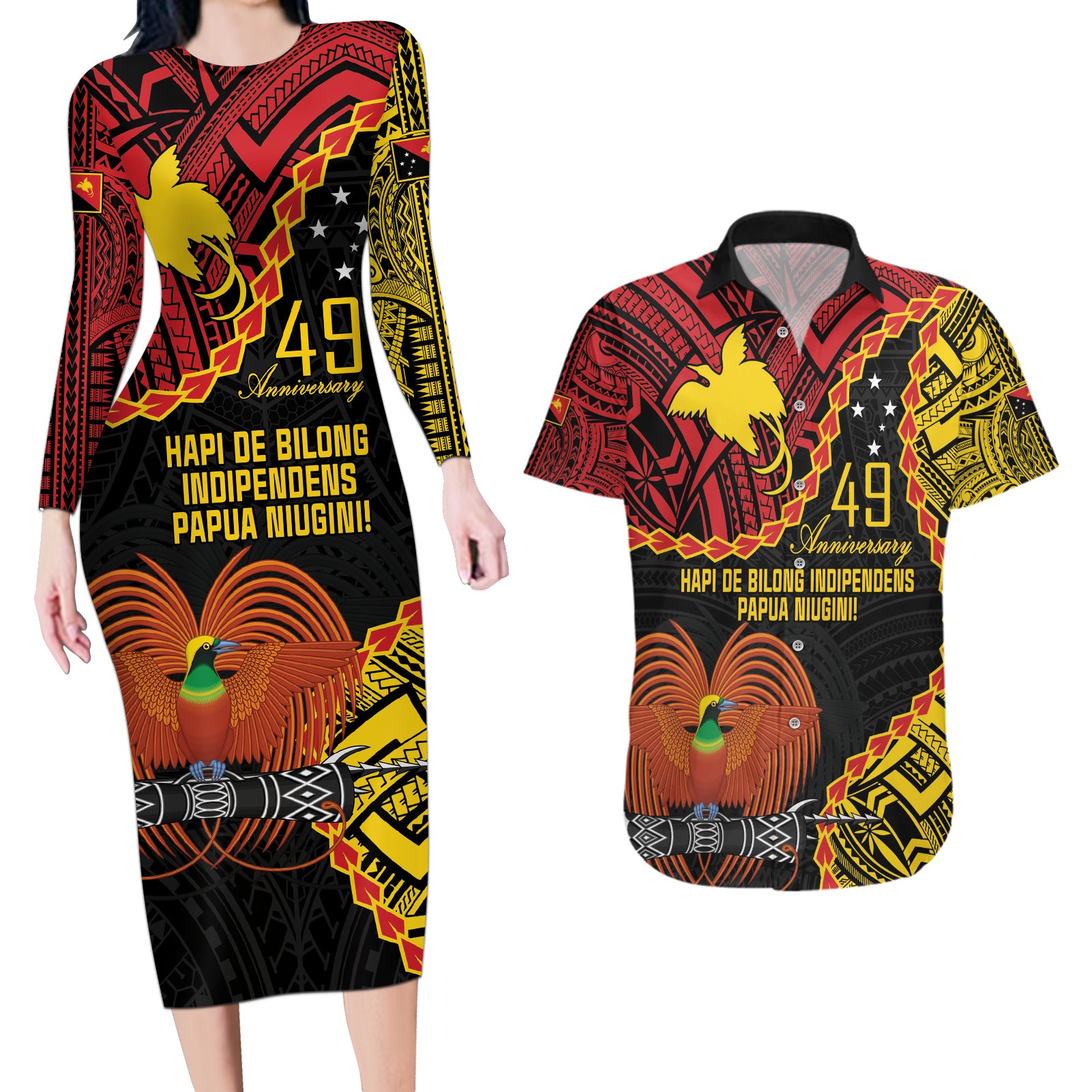 Personalised Papua New Guinea 49th Anniversary Couples Matching Long Sleeve Bodycon Dress and Hawaiian Shirt Hapi De bilong Indipendens Papua Niugini